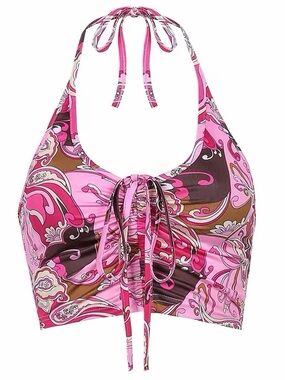 Pink Paisley Halter Tie-Front Top